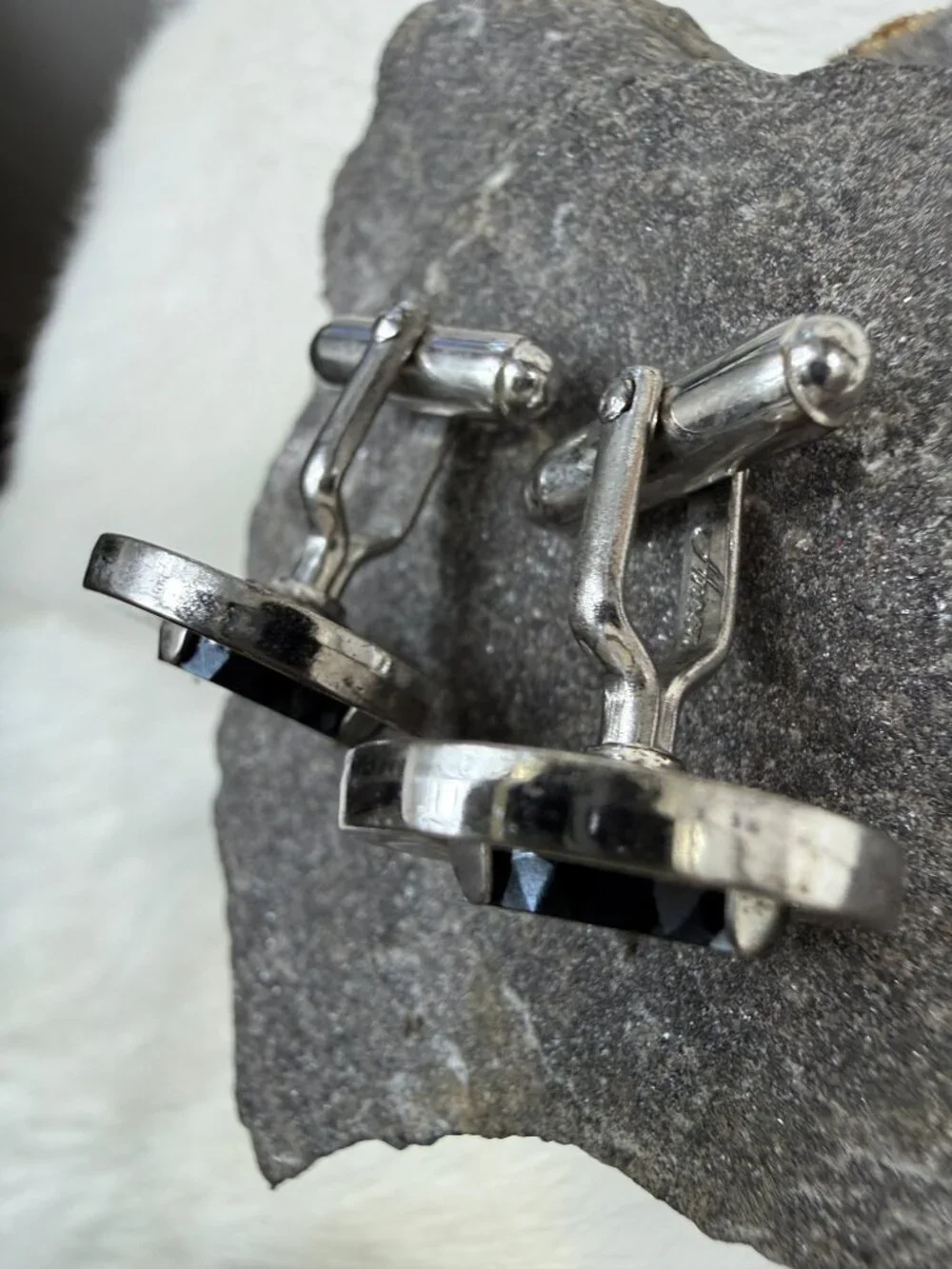 Vintage Anson Black Glass Oval Silver Tone Cuff Links Cufflinks MCM .75